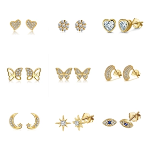 Set of 9 gold-plated S925 silver stud earrings with heart flower and moon designs