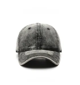 Front view of washed distressed denim baseball cap in smoky grey with vintage finish