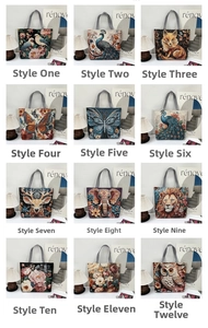 Detailed grid of 12 canvas tote bags with vibrant 3D animal and flower embroidery