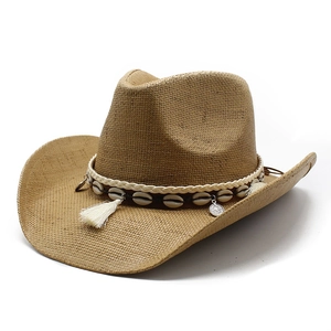 Chapeau De Cowboy En Paille Bord Large Paille De Papier Protection Solaire Ethnique Bohème Coquillage Gland Pour Femmes Hommes