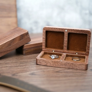Double square black walnut wood ring box with brown velvet lining for jewelry storage