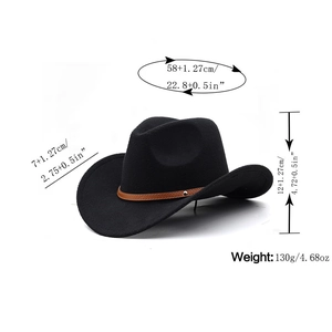 Western felt cowboy hat with leather band and size specs: 58cm circumference and 7cm brim