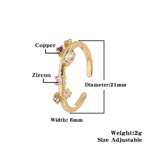 Adjustable copper ring with multi-color zircon stones and size specifications