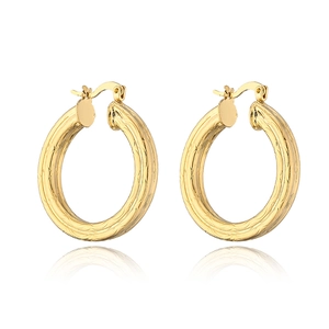 Golden geometric round earrings with textured surface and 18K gold plating finish