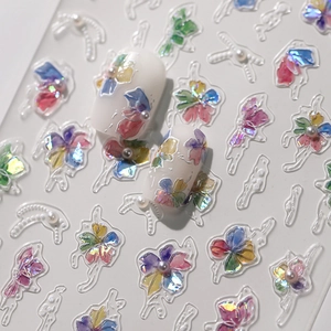 3D embossed floral nail art stickers with 3D petals and white pearl decorations
