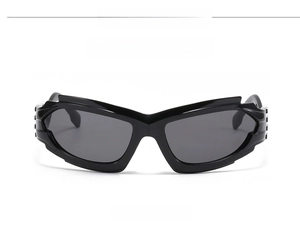 Front view of futuristic matte black sunglasses with unique cutout frame design
