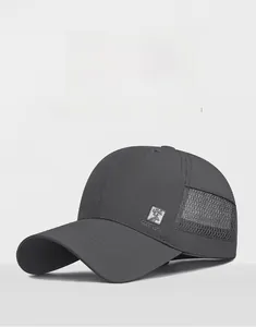 Detail view of breathable mesh panel and square deer patch on dark grey baseball cap