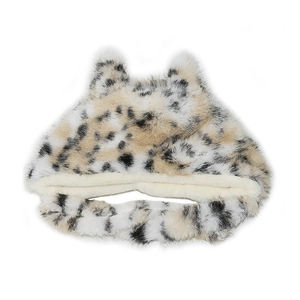 Detailed view of leopard print faux fur winter hat with plush earflaps and animal ears