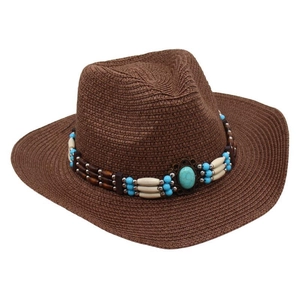 Detail of dark brown woven cowboy hat with bohemian turquoise and wooden bead trim