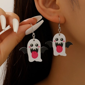 Detail showing acrylic ghost earrings with bat wings worn on ear for Halloween party