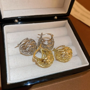Hollow Weaving Basket Hoop Earrings Retro Geometric Copper Jewelry With Steel Earring Post For Women French Style