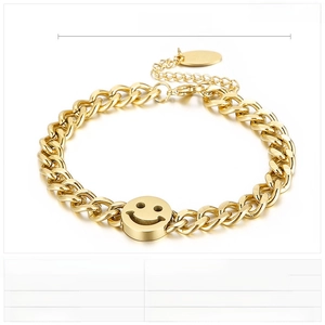 Detail view of gold stainless steel twisted chain bracelet with smiley face pendant and dimensions