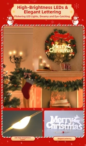 Close-up of luminous LED Merry Christmas sign with warm white glowing bulbs on red decor