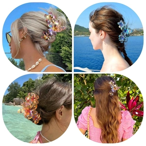 Matte flower hair claw clip with colorful iridescent finish for beach holiday hairstyles