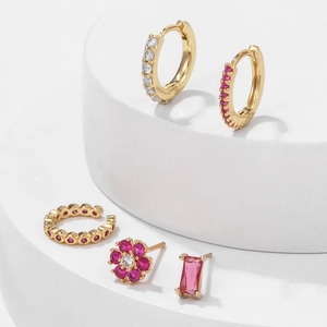 Five-piece 18K gold-plated floral earring set with white and pink zircon gemstones