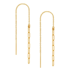 Detailed view of long gold tassel chain earrings with geometric links and sleek metal bars