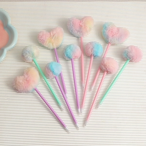 Cute Ballpoint Pens With Rainbow Gradient Plush Heart Ball Top Plastic Barrel Stationery For Students Party Gifts