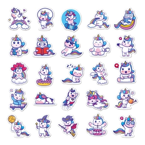 Variety of 50 cute unicorn stickers for water bottles and laptops with waterproof finish