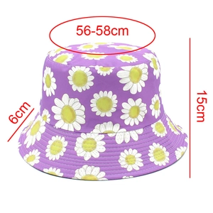Detailed size guide of purple daisy bucket hat with head circumference 56-58cm