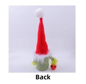 Back view of a Christmas Grinch gnome ornament with green beard and a red hat
