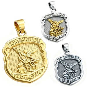 Detailed view of Saint Michael shield pendants in gold, silver, and dual-tone metal finishes