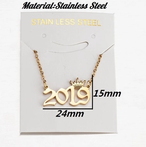 Golden stainless steel lucky number 2019 pendant necklace with crown for women