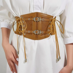 Corset de taille vintage en cuir PU marron avec lacets et boucles en métal pour femme