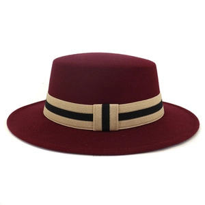 Elegant wine red flat top wool boater hat with black and beige striped decorative band