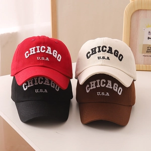 Kids' cotton baseball caps with Chicago USA embroidery in red, black, beige, and coffee