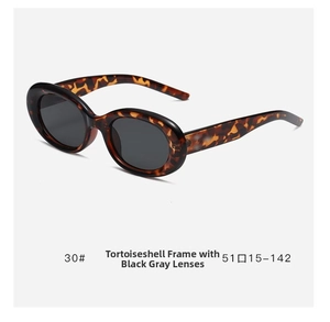 Macro detail of retro oval tortoiseshell sunglasses with size specs 51-15-142 and model 30