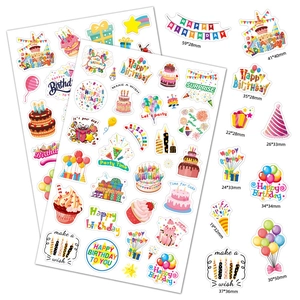 Holographic laser Happy Birthday stickers with cake and balloon designs for party decor