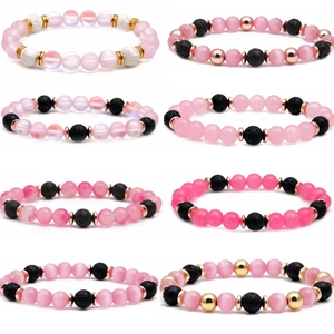 Beaded Bracelet Pink Cat Eye Moonstone Lava Stone Copper Spacers Elastic Hand Jewelry Men Women Minimalist