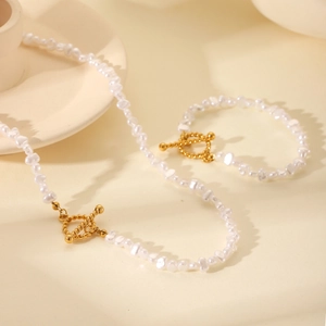 18K gold plated stainless steel pearl necklace and bracelet set with vintage OT toggle clasp