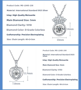 Macro view of S925 sterling silver necklaces with 5mm moissanite pendants and dimensions