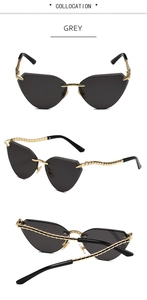 Detailed views of grey cat-eye sunglasses with golden spiral temples and frameless design