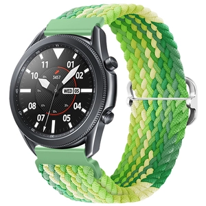 Detailed close-up of green nylon woven watch strap with adjustable silver metal buckle