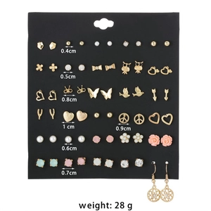 Detailed set of assorted colorful zircon earrings with floral and bowknot designs