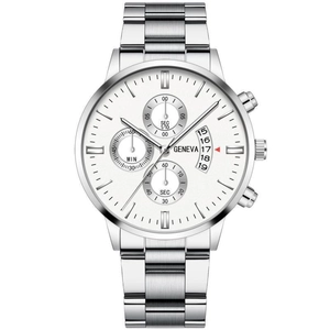 Silver Geneva men's business watch with white chronograph dial and steel mesh band