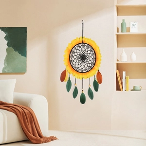 Handmade sunflower dreamcatcher wall hanging with vibrant yellow petals and green feathers