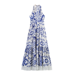 Robe Maxi Licou Bohémienne Polyester Bleu Blanc Imprimé Ikat Ourlet À Franges Dentelle Sans Manches Col V Vacances Pour Femmes