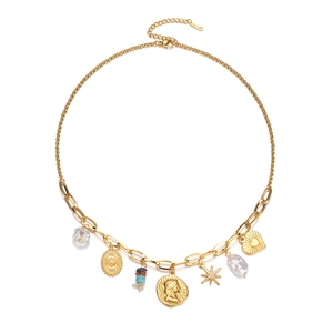 18K gold plated stainless steel layered necklace with coin and pearl charms