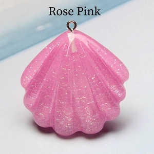 Rose red resin seashell pendant with sparkling glitter and silver ring for DIY jewelry