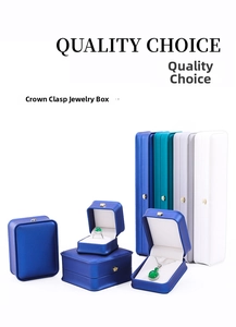 Detailed set of premium crown-clasp jewelry boxes for rings and necklaces in various colors