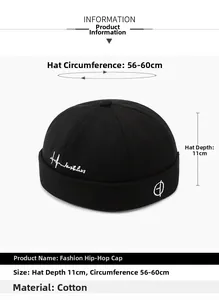 Detail of black cotton docker hat featuring side embroidery and size specifications
