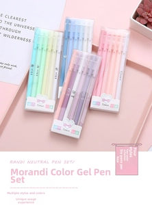 Close-up of Morandi color gel pens set in a decorative tray with aesthetic cards