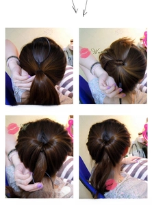 Detailed 4-step tutorial for using flexible black plastic hair styling tool for buns