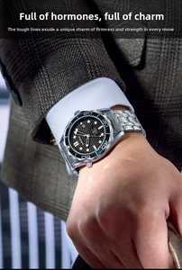 Close-up of KIMSDUN men's quartz watch with black wave dial on a male model wrist