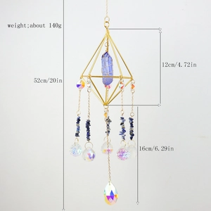 Detail of crystal suncatcher with purple quartz and blue stones on gold metal frame