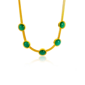 Parure de Bijoux Vintage Œil de Chat Vert en Acier Inoxydable Plaqué Or 18K Collier Chaîne à Lames Boucles d'oreilles Bracelet pour Femme Luxe