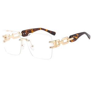 Fashion square rimless sunglasses with gold chain temples and dark tortoiseshell tips